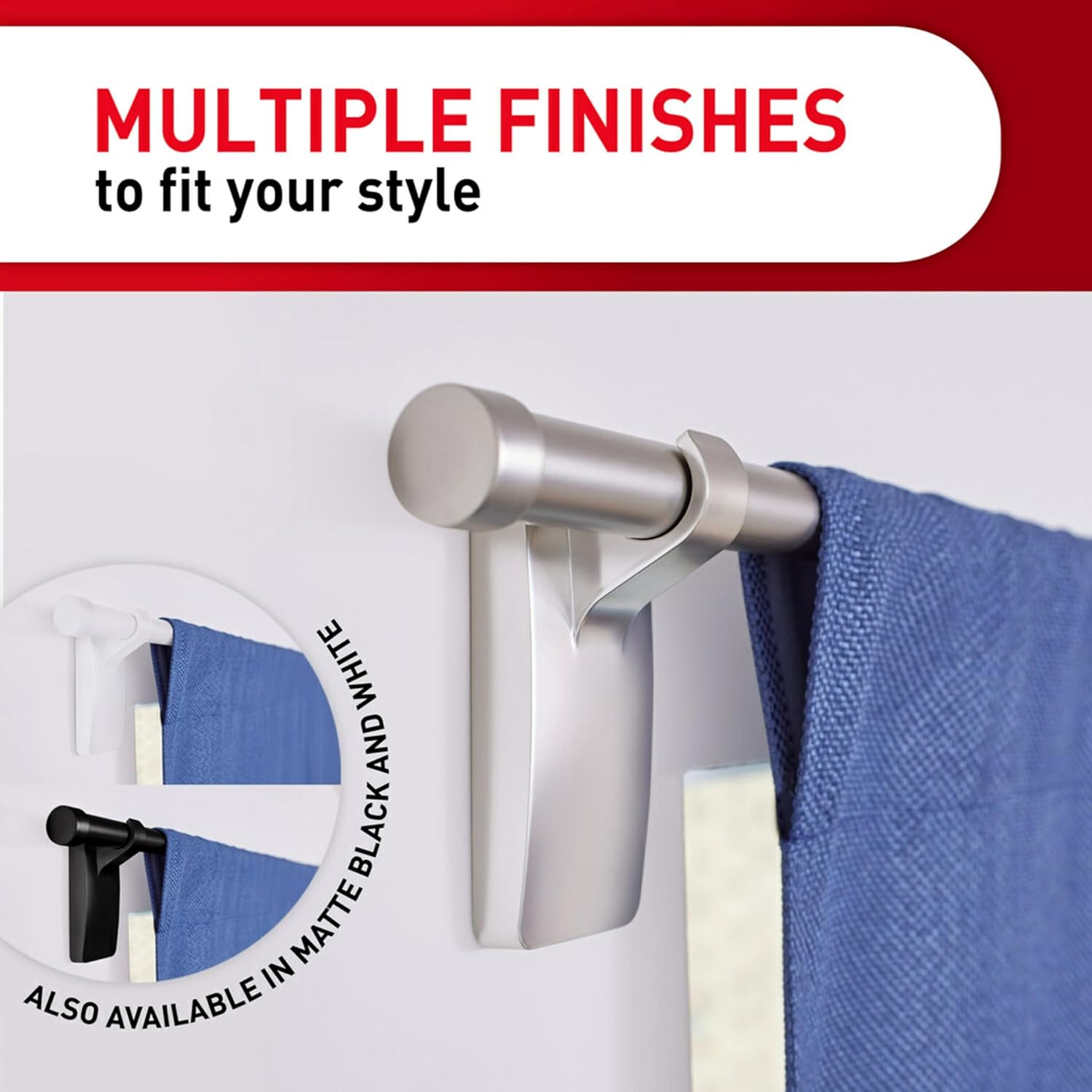 Command Satin Nickel Curtain Rod Hooks, 2 Hooks, 4 Adhesive Strips