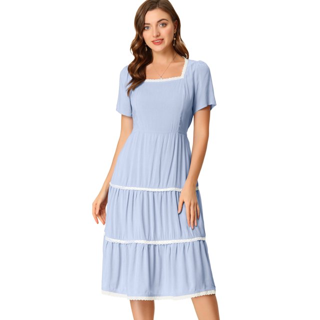 INSPIRE CHIC Robe Midi à Étages pour Femme à Encolure Carrée avec Garniture en Dentelle