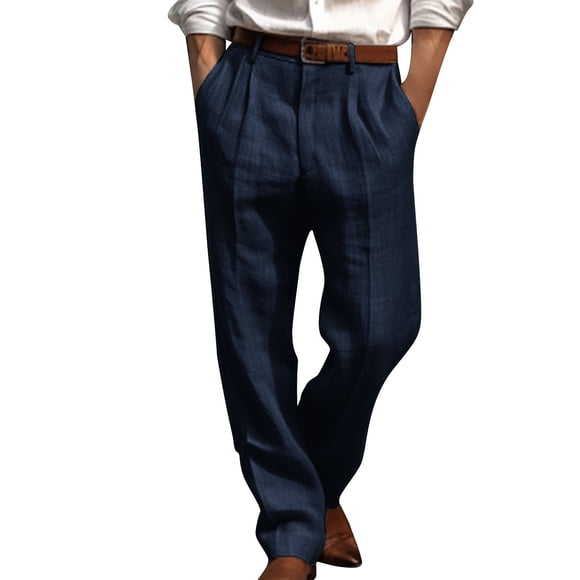 Penkiiy Cotton Linen Pants for Men Pleated Front Trouser Straight Leg Suit Trousers Solid Color Office Trouser Lightweight Linen Pant XL Navy