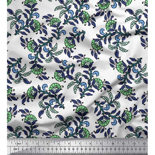 Soimoi Poly Georgette Fabric Leaves & Floral Block Print Sewing Fabric Yard 52 Inch Wide