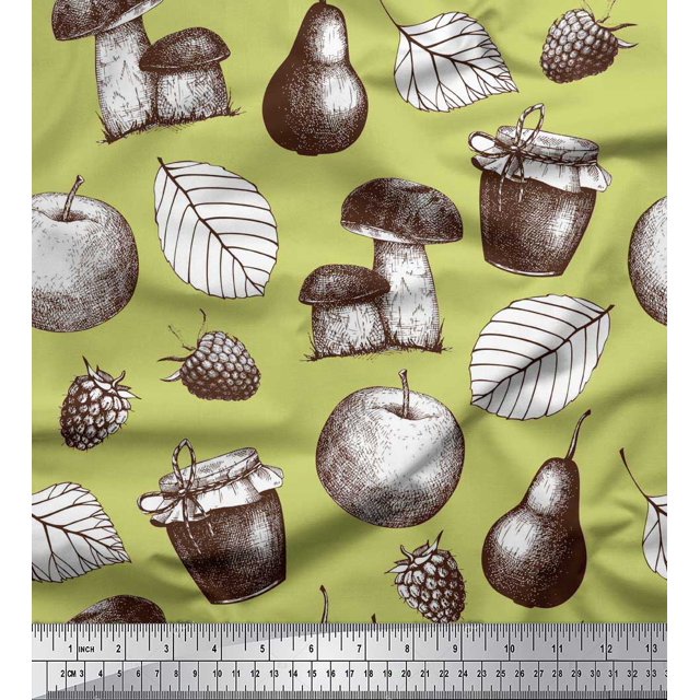 Soimoi Moss Georgette Fabric Mushroom, Pear Fruits Decor Fabric Printed Yard 42 Inch Wide