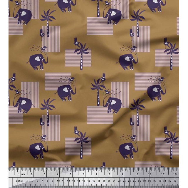 Soimoi Poly Georgette Fabric Bird,Coconut Tree & Elephant Kids Decor Fabric Printed Yard 42 Inch Wide