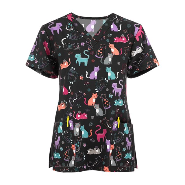 RKSTN Women Short Sleeve V-neck Tops Working Uniform Cartoon Print Blouse