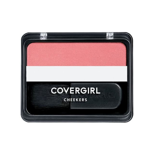 COVERGIRL Cheekers Blush portable compact with clear lid revealing soft pink blush powder and small black brush, lightweight and blendable for natural, long-lasting cheek color suitable for easy application and touch-ups.