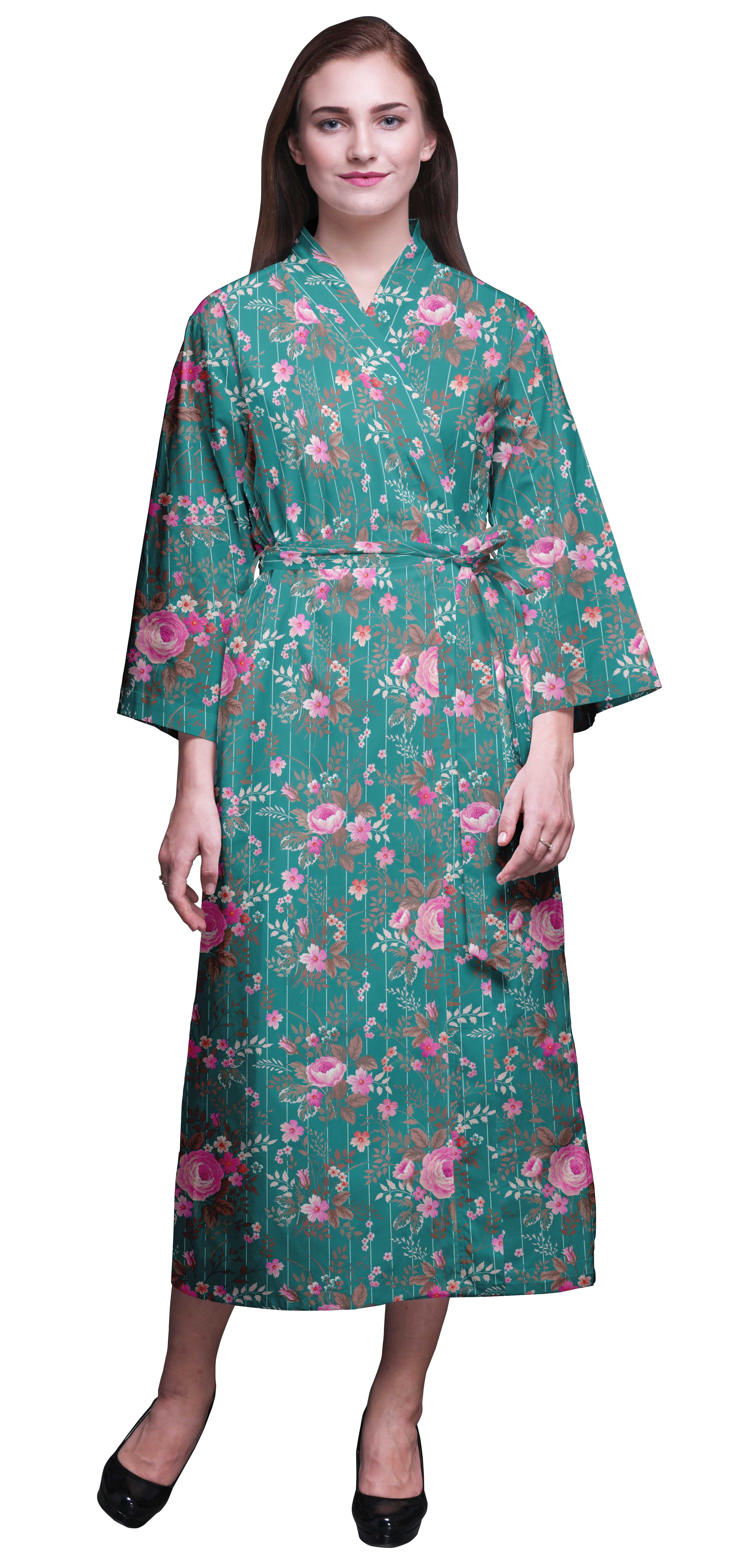 Bimba Teal Green Floral Stripe,Leaves & Rose Womens Robe Dressing Gown Long Bride Getting Ready Shirt Printed Bath Robe Girls L