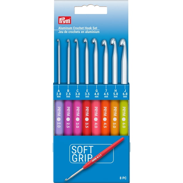 Prym Soft Grip Aluminum Crochet Hook Set, 2-6mm, with eight nickel-free aluminum hooks featuring soft, contoured handles in rainbow colors and metric sizes printed on handles, displayed in blue packaging with one hook shown separately.