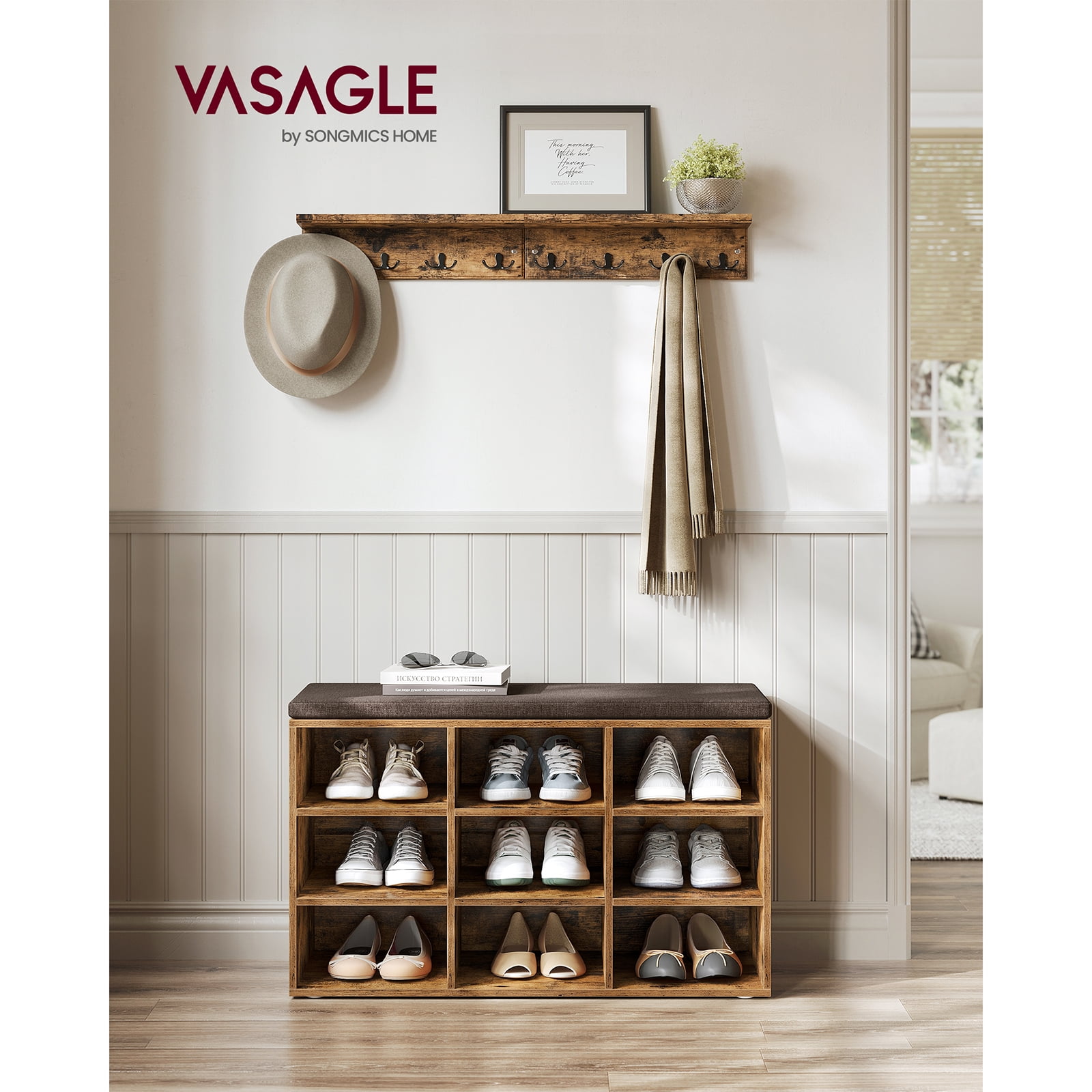 VASAGLE Shoe Bench, Storage Bench, Shoe Rack Bench, 9 Compartments, Rustic Brown and Brown