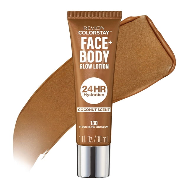 ColorStay™ Lotion Éclat Visage + Corps par Revlon dans la Teinte 130, un tube bronze de 1 fl oz (30 ml) avec Capuchon Argenté, Montré sur une Échantillon de Sa Lotion à Base de Gel, Bronzante Lumineuse au Parfum de Noix de Coco, Offrant une Hydratation de 24 Heures et un Éclat Radieux pour le Visage et le Corps, Idéal pour Mettant en Valeur les Joues, les Clavicules et les Épaules.