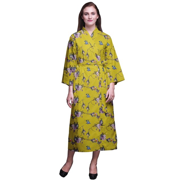 Bimba Robe Jaune Oiseau Floral et Flowerpecker pour Femmes Robe de Chambre Longue Mariée Préparation Chemise Imprimée Peignoir Filles TG