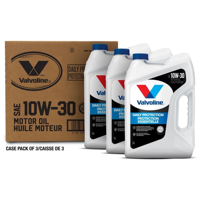 Valvoline Daily Protection Conventional 10W30 Motor Oil 3X5L showing three white 5-litre plastic jugs with blue caps and a brown cardboard case pack behind them, labeled with Valvoline logo and product details, emphasizing engine lubrication and detergent system for daily protection.