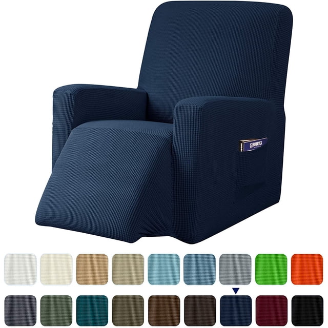 Subrtex Stretch 1-Piece Recliner Chair Cover with textured grid pattern in navy blue, featuring a side pocket for storage. Designed to fit recliner chairs with back widths of 24-32 inches and heights of 29-37 inches, this slipcover includes elastic corners for a secure fit. Made from soft, durable fabric, it protects furniture from spills, stains, and wear. Machine washable and available in multiple decor-friendly colors.