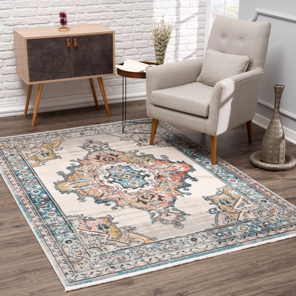 LaDole Rugs Tapis Traditionnel Persan à Bordure Ikat Turquoise Ivoire Rouge Orange Tapis Salon Chambre Carpet Tapis 3x5 3x10 4x6 5x8 6x9 8x10 9x12