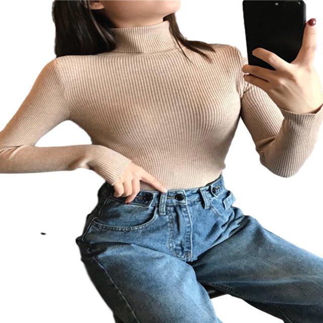 MesaSe Women Knitted Ribbed Sweater Turtleneck Slim Jumper Warm Pullover