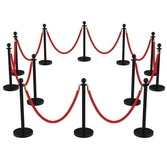 Superior Crowd Control Barrier Set – 12 Stainless Steel Stanchion Posts with 10 Crimson Soft Ropes & 26FT Red Carpet – Outdoor Decorative Fence for Events, Weddings, Parties, Hotels – 12pcs