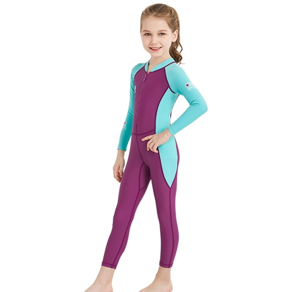 Kids Full Body Swimsuit Girls Boys Long Sleeve UV Protection Swimming Suit Front Zip Quick