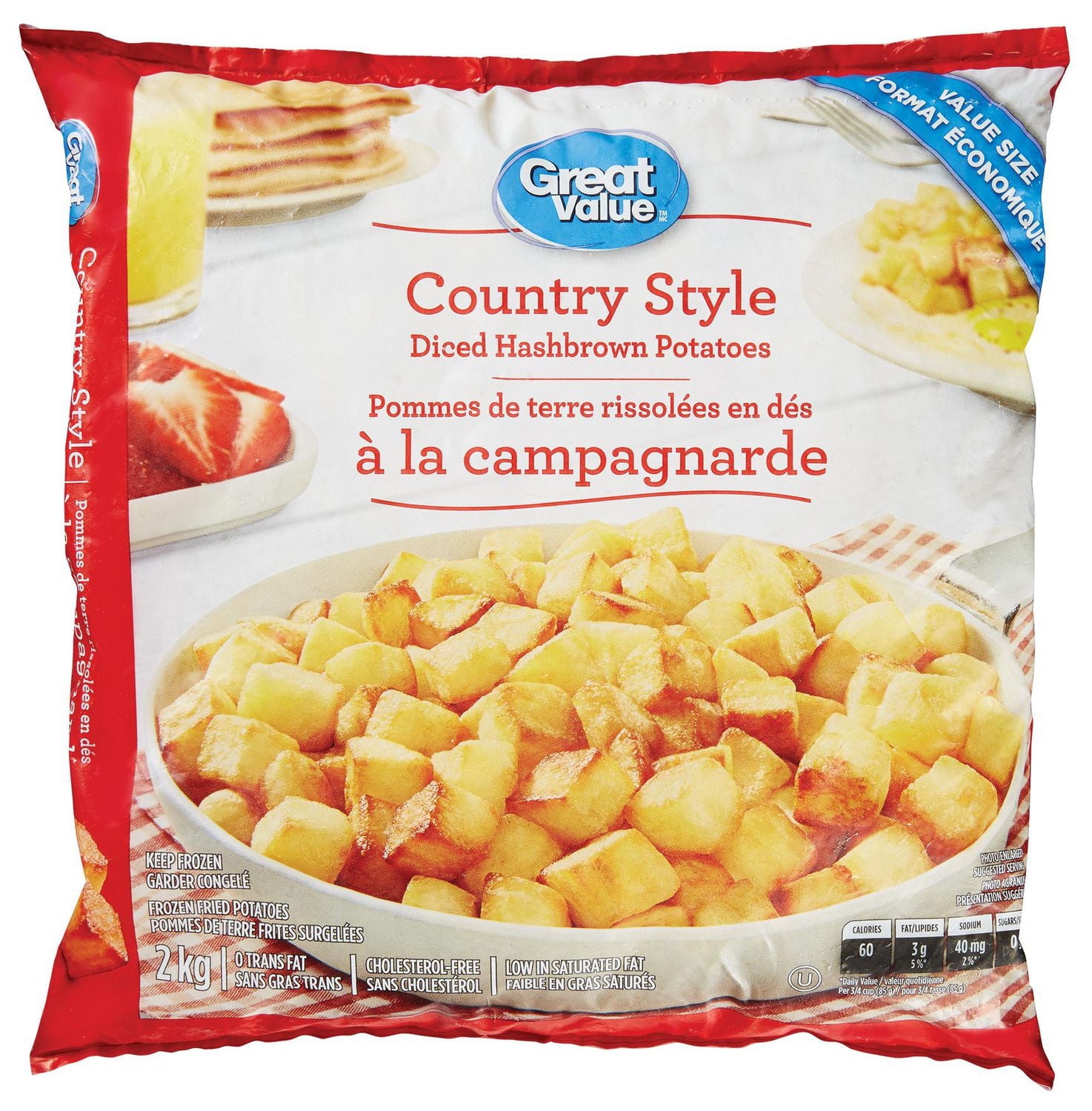 Great Value Pommes de Terre Rissolées en dés à la Campagnarde Surgelées, Format Économique 2 kg