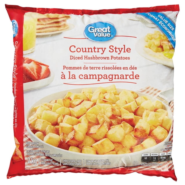 Great Value Country Style Diced Hashbrown Potatoes in a 2 kg frozen value size bag showing golden diced fried potatoes in a white bowl, with bilingual English and French text emphasizing zero trans fat, cholesterol-free, and low saturated fat, ideal for breakfast or mixing with seasonings and vegetables.