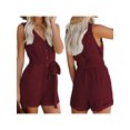 thumbnail image 4 of FOCUSNORM Summer Women Off-the-shoulder V-neck Solid Color Sleeveless Playsuit, 4 of 8