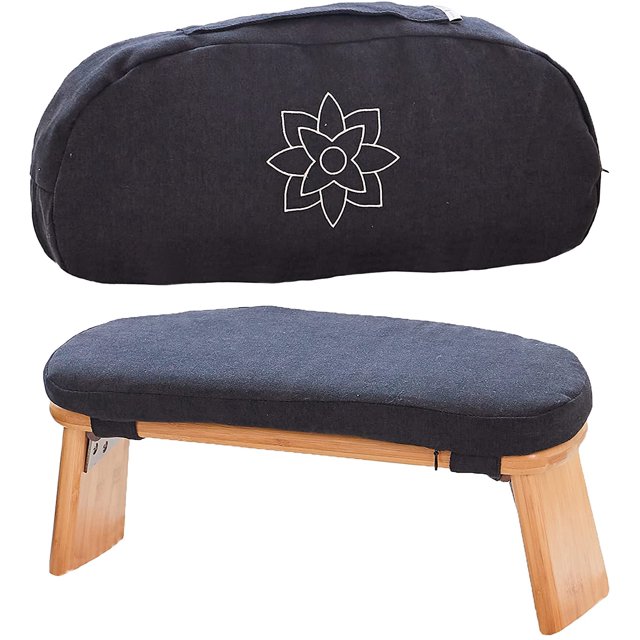 Mindful Modern Pro Bamboo Meditation Bench featuring a foldable wood frame and black cushioned seat, ideal for meditation, yoga, or prayer. Includes a black velvet travel bag with a floral design for portability and storage, suitable for entryway furniture or extra floor seating.