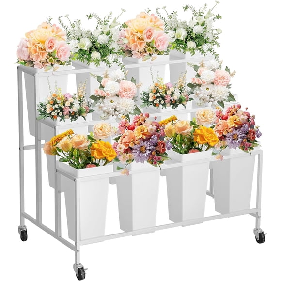 YUSAZENS 94x60x80cm White 3 Tier Metal Flower Display Stand with 12 Square Plant Buckets for Floral Shop Garden Patio Plant Arrangement