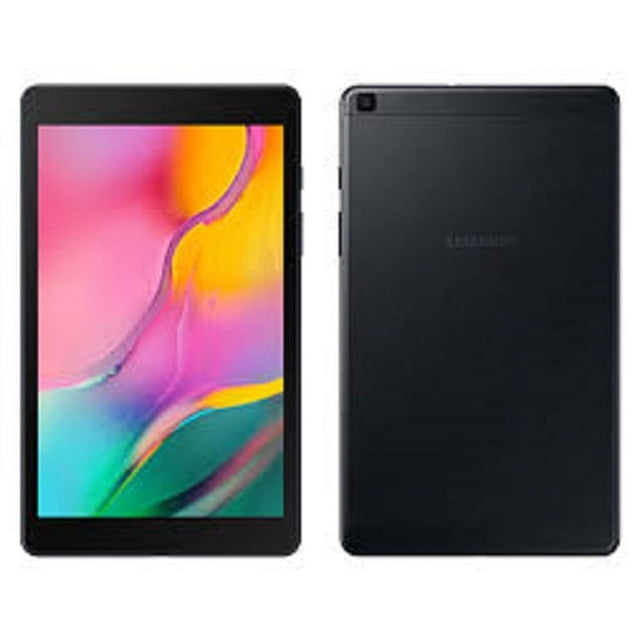 Remis à Neuf Samsung Galaxy Tab A SM-T290 (2019) Tablette 8” avec Fini Noir. la Vue avant Affiche un Écran 8 Pouces aux Couleurs Vives, et la Vue Arrière Présente un design Noir simple avec une Caméra Arrière dans le Coin Supérieur.