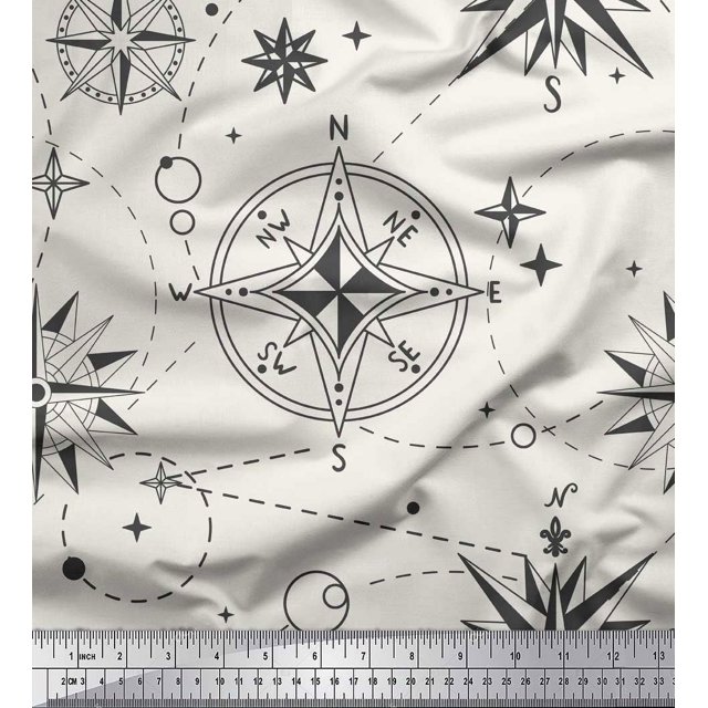 Soimoi White polyester Crepe Fabric Direction Compass Nautical Print Sewing Fabric Yard 52 Inch Wide