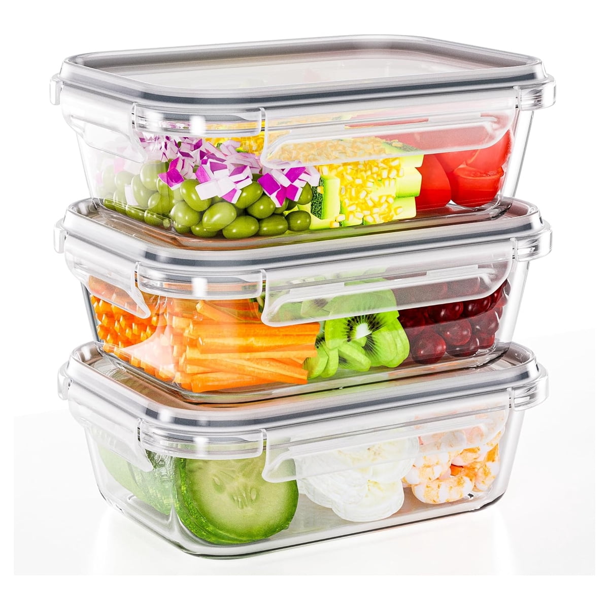 Glass food storage containers with lids set (3 pieces 1040 ml: 1 compartment), for oven