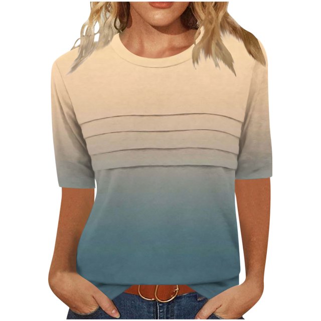 Pisexur Hauts de Printemps pour Femmes 2025, Hauts pour Femmes, T-shirt à Manches 3/4 Col Rond Froissé Mode pour Femmes, Coupe Ample, Manches Courtes, Jaune, 2TG