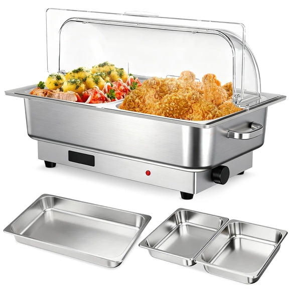 Ensemble de Plats Chauffants Électriques 9 Qt pour Buffet, Réchauffe-Aliments en Acier Inoxydable avec Couvercle Transparent Visible, Contrôle de la Température et Affichage Numérique, Réchaud de Buffet Portable pour Service Traiteur - 1x1/1+2x1/2 Poêles