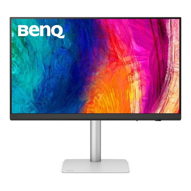 BenQ PD3226G 32” 144Hz IPS 4K UHD designer monitor with P3 and sRGB color accuracy, slim bezel, reflection-free nano matte panel, and silver height-adjustable stand on a white base, displaying a vibrant multicolor abstract image suitable for professional design work.