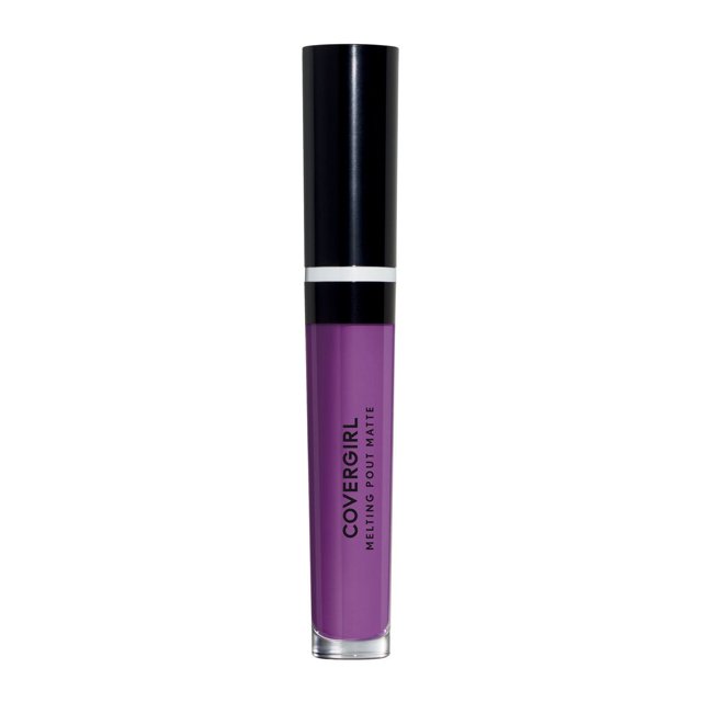 COVERGIRL Melting Pout Matte Liquid Lipstick in purple with a clear tube, black cap, and white band, providing longwear, high-pigment matte lip colour that glides on smoothly and lasts up to 24 hours for comfortable all-day wear.
