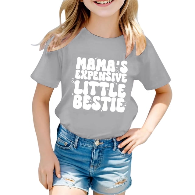 Girls Softball under Shirts Ruffle Girl Clothes Children's Casual Letter Pattern Print Multicolor Round Neck Short Sleeves