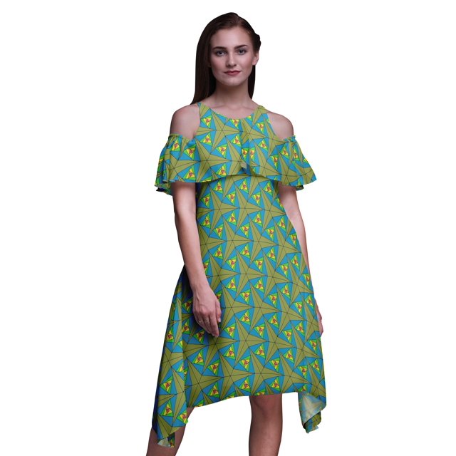 Bimba Green Geometric Print Womens Chic Style Cold Shoulder Shift Dress Summer Tunic - X-Large