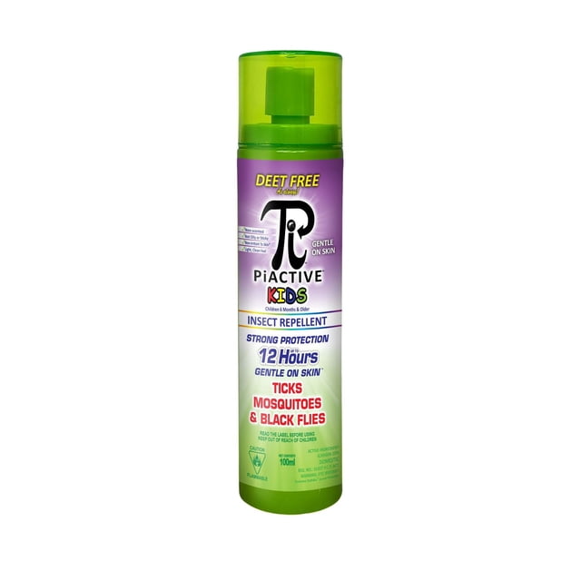 PiACTIVE Kids Travel Size 12-Hour DEET FREE Insect Repellent Pump Spray 100ml with green translucent cap, offering strong protection against ticks, mosquitoes, and black flies. Non-scented and gentle on skin, suitable for children 6 months and older, ideal for outdoor pest control.