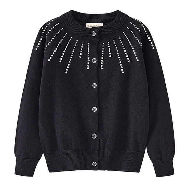 RXIRUCGD Girls Rhinestone Knitted Cotton Cardigan Jacket( Black, Size:4 Years )