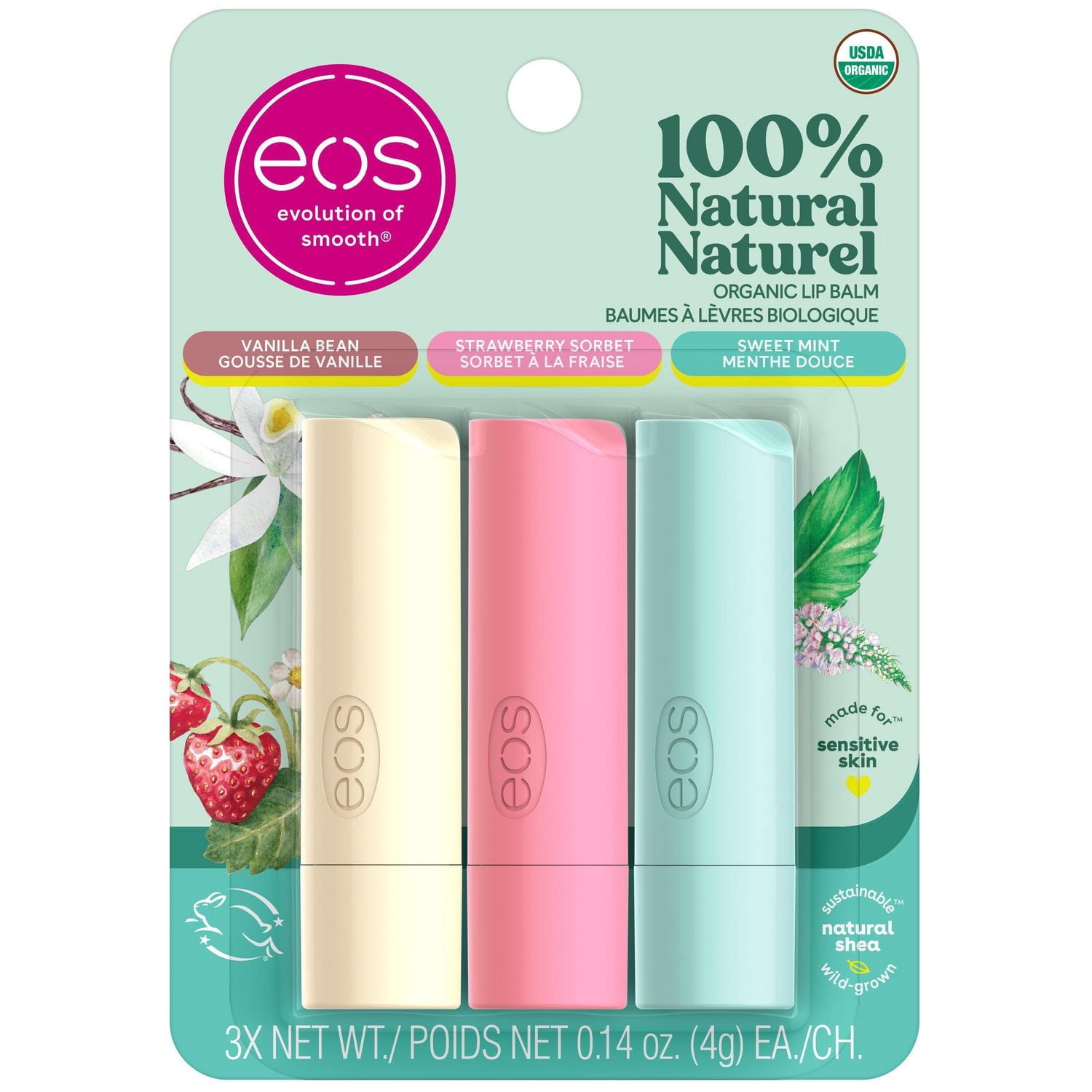 Baumes labiaux eos Biologique, 100 % naturels et biologiques, lot de 3 baumes différents en bâton