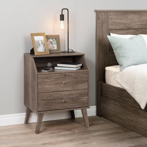 Prepac 22.5 in W x 29.5 in H x 16 in D Milo Mid Century Modern 2-Drawer Nightstand with Angled Top