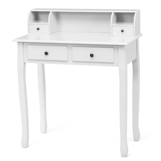 Costway Writing Desk Mission White Home Office Computer Desk with 4 drawers and a detachable storage cabinet. The desk features a white MDF and candlenut construction with a smooth finish, curved legs, and a compact design. It includes two large drawers, two small drawers, and three open storage compartments for organization. The detachable top allows for dual functionality as a writing desk or dressing table. Dimensions are 31.5 inches in length, 16 inches in width, and 37 inches in height.