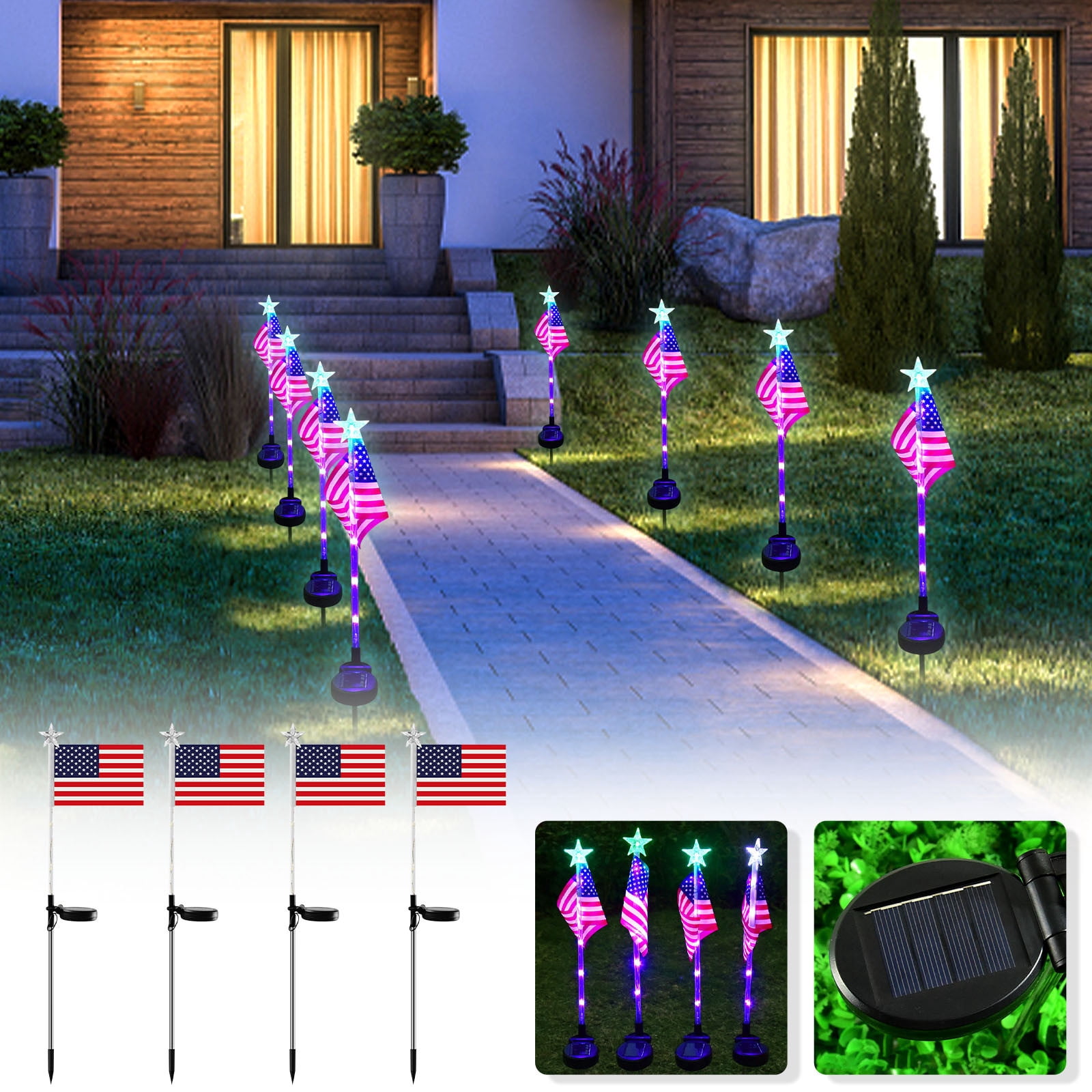 Vacemry Independence Day Decorations Flag Lights, Solar Powered Floor Lamps, Patriotic Solar Lights for Lawn, Outdoor Garden Yard Walkway Pathway Decor