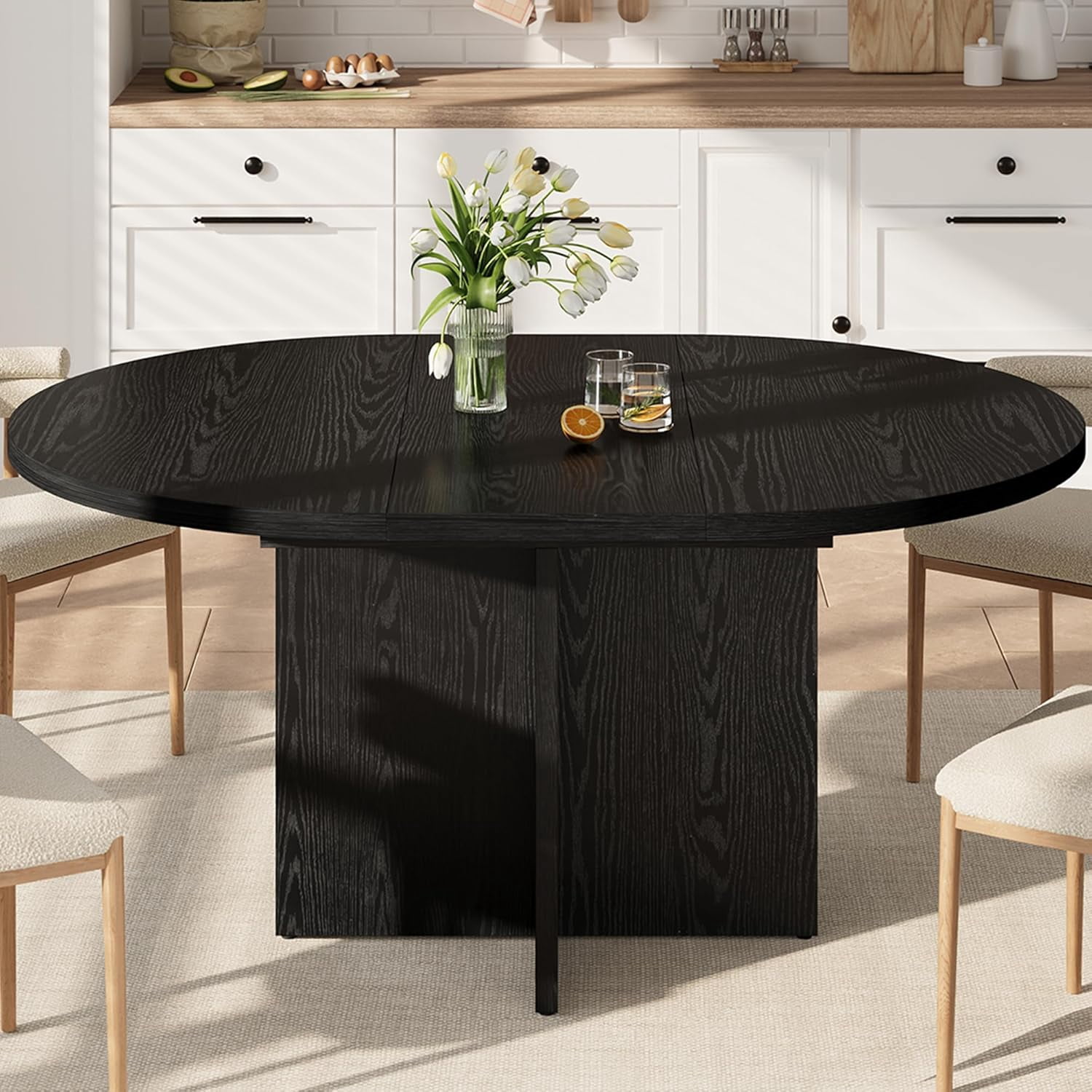 IdealHouse 43.3in-59in Extendable Round Dining Table for 4-8, Space Saving Kitchen Table with Removable Leaves, Oval Dinner Table for Dining Room, Kitchen, Living Room, Black