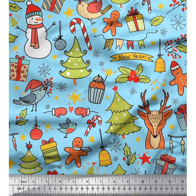 Soimoi Rayon Fabric Gift Box,Snowman & Tree Christmas Fabric Prints By Yard 56 Inch Wide