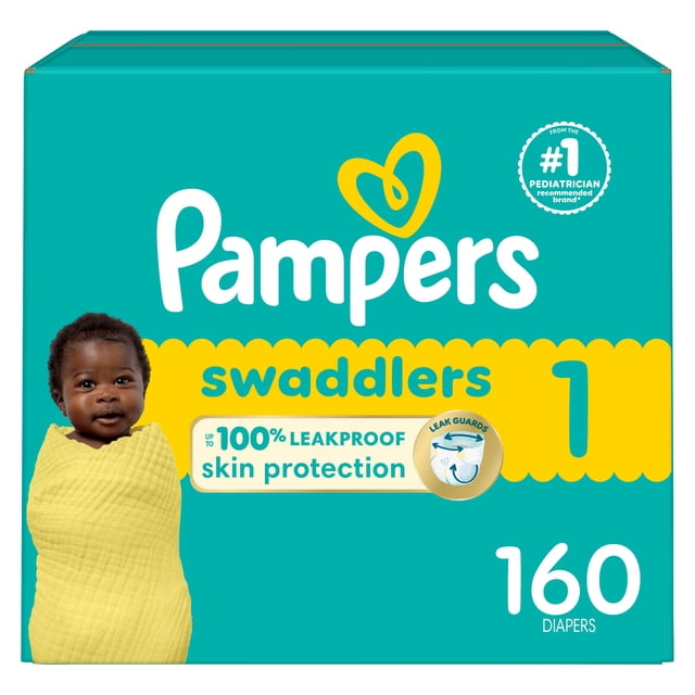 Pampers Swaddlers Diapers Size 1 (8-14 lbs) box with teal and yellow design, featuring a baby wrapped in a yellow swaddle, highlighting up to 100% leakproof skin protection and 160 disposable diapers.