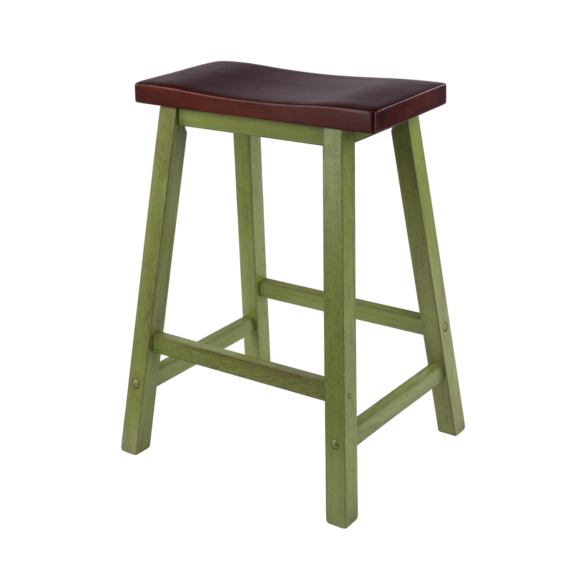 Tabouret de comptoir Satori avec siège selle, finition vert rustique et noyer