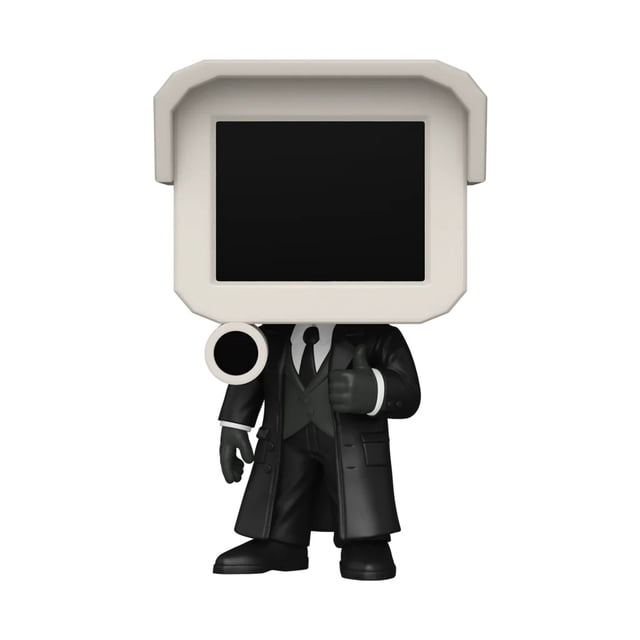 Funko Pop! Animation : Skibidi Toilet - Cameraman Figurine en Vinyle Montrant une Figurine en Vinyle de Collection avec une Grande Tête d'Appareil Photo Rectangulaire Blanc Cassé Comprenant un Écran Noir, Vêtue d'Une Tenue Noire, une Cravate et un long Manteau, Debout avec une Main Levant le Pouce. la Figurine Mesure Environ 3,8 Pouces de Hauteur et Convient aux collections de Figurines d'Action Skibidi Toilet.