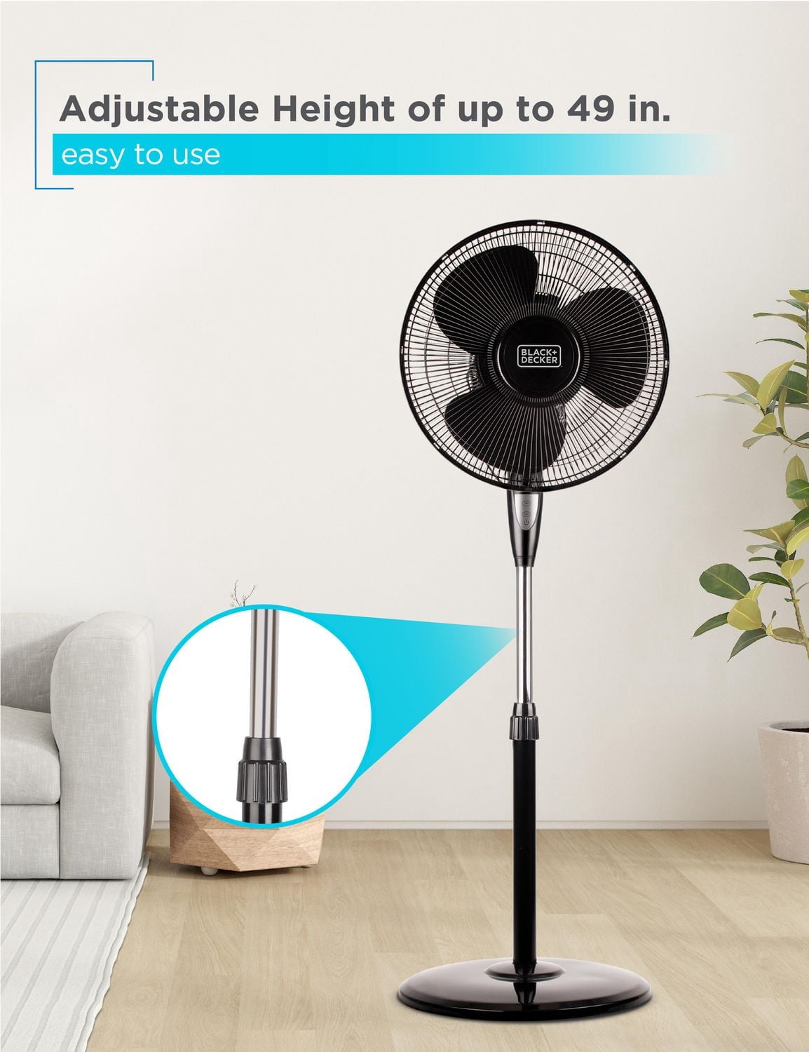 Ventilateur sur pied Black + Decker de 16 po avec télécommande et base ronde, noir