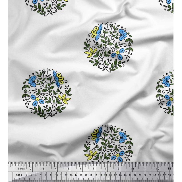 Soimoi Polyester Crepe Fabric Leaves & Floral Block Printed Craft Fabric by The Yard 52 Inch Wide