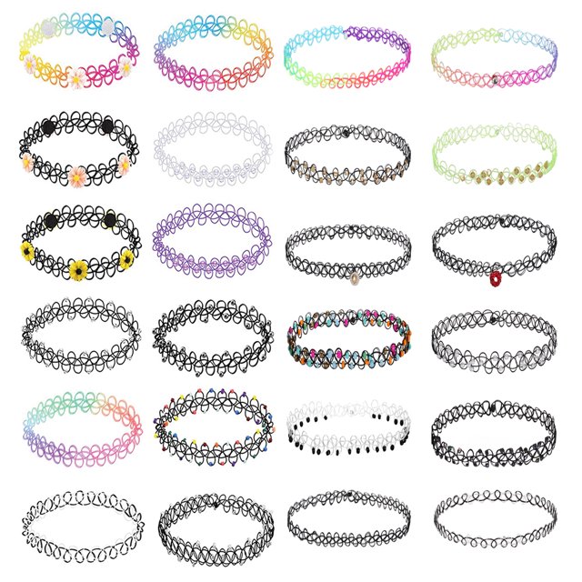 BodyJ4You Ensemble de 24 Pcs Collier Ras-du-Cou Coloré Extensible Élastique Bijoux Femmes Fille Enfants Paquet Valeur
