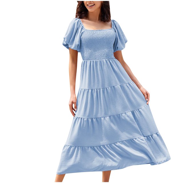 AherBiu Summer Beach Dress for Women Smocked Square Neck Short Sleeve Tiered Ruffle Flowy Boho Dresses