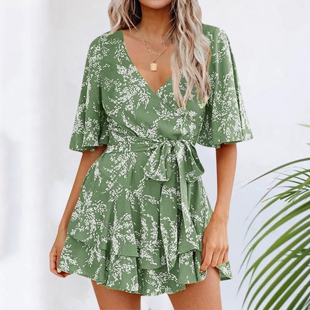 WILLBEST Robes et Combinaisons à Manches en V à Fleurs pour Femmes avec Ceinture Plissée
