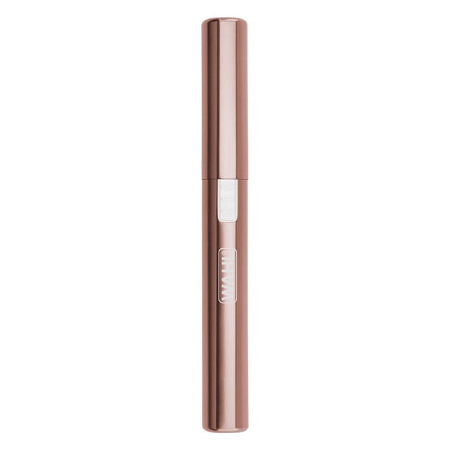 Wahl Clean & Smooth Precision Detailer - Model 5541 in rose gold with a slim cylindrical design and protective cap, featuring a white power switch, rinseable blades, and a special guide comb, compact and battery-operated for precise eyebrow shaping, facial hair removal, and bikini line trimming.